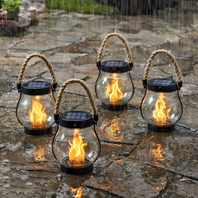 Solar Tuinlantaarn met Flakkerend Vlameffect Buitenverlichting Oplaadbaar Decoratief Metaal Brons Tuin | Sansoti