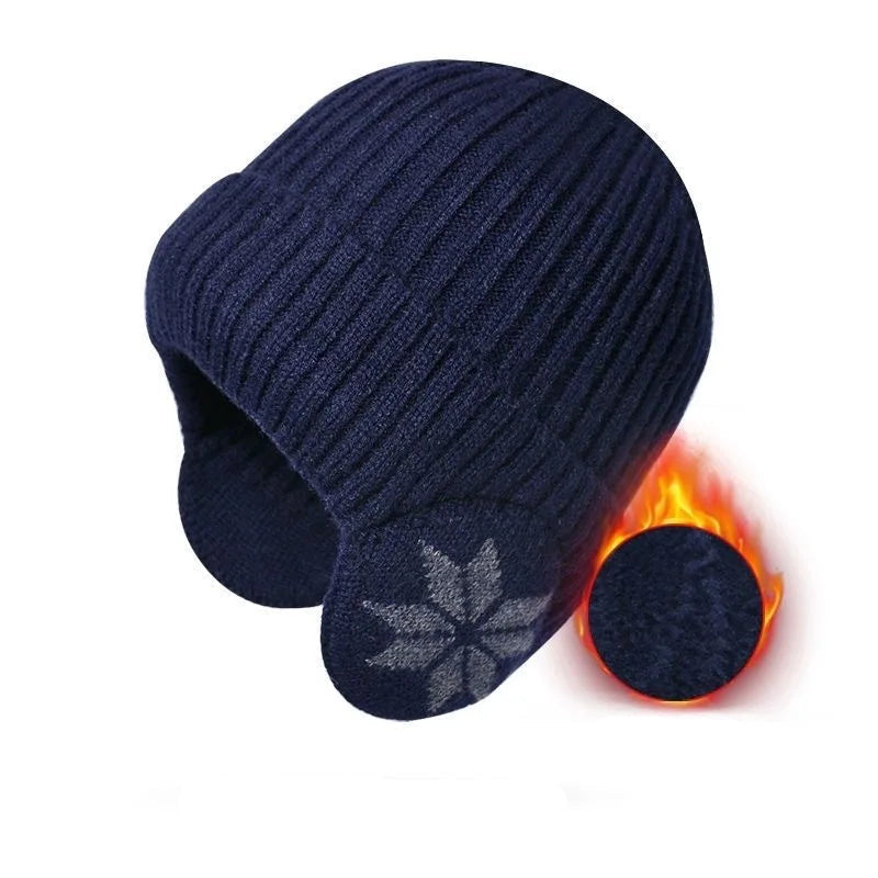 Gestrickte Wintermütze mit Ohrenklappen Unisex Warme Beanie Weiches Futter Schneeflockenmuster Wintersport | Sansoti