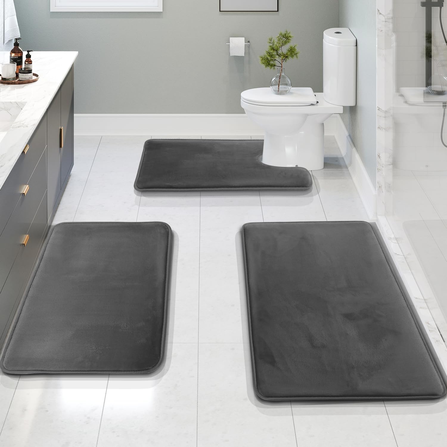 Badmat Set 3 Stuks Memory Foam Fluweel Grijs Antislip Badkamer Douche Toilet Matten Absorberend Zacht Wasbaar | Sansoti