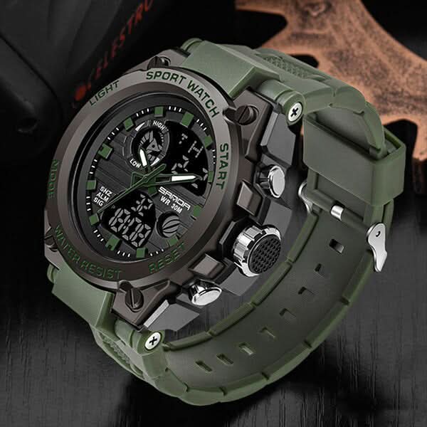 Heren Horloge Zwart met Analoog-Digitaal Display en Multifunctionele Functies – Militaire Stijl met RVS Kast en Siliconen Band | Sansoti