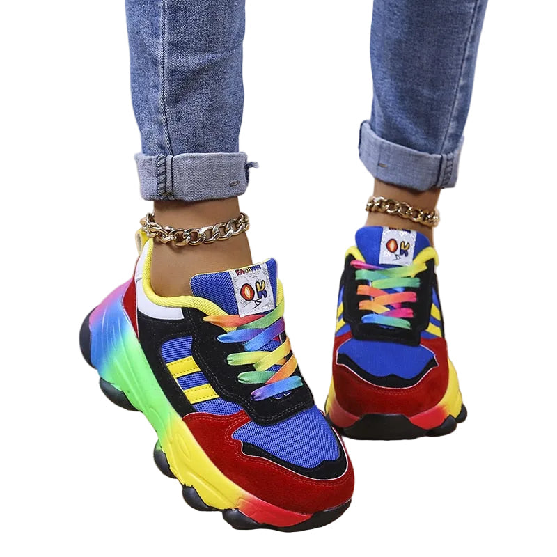Baskets respirantes pour femmes en textile extensible, semelle de 4cm, bleues et vertes, à lacets, pour la marche quotidienne, confort sport | Sansoti
