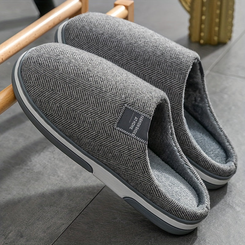 Men's Slippers with Herringbone Pattern, Warm Plush Lining, Non-Slip Sole, Comfortable House Footwear for Winter | Sansoti