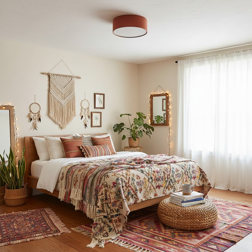 Linen ceiling lamp with drum shade, modern design, E27 socket, Scandinavian style, bedroom, living room | Sansoti
