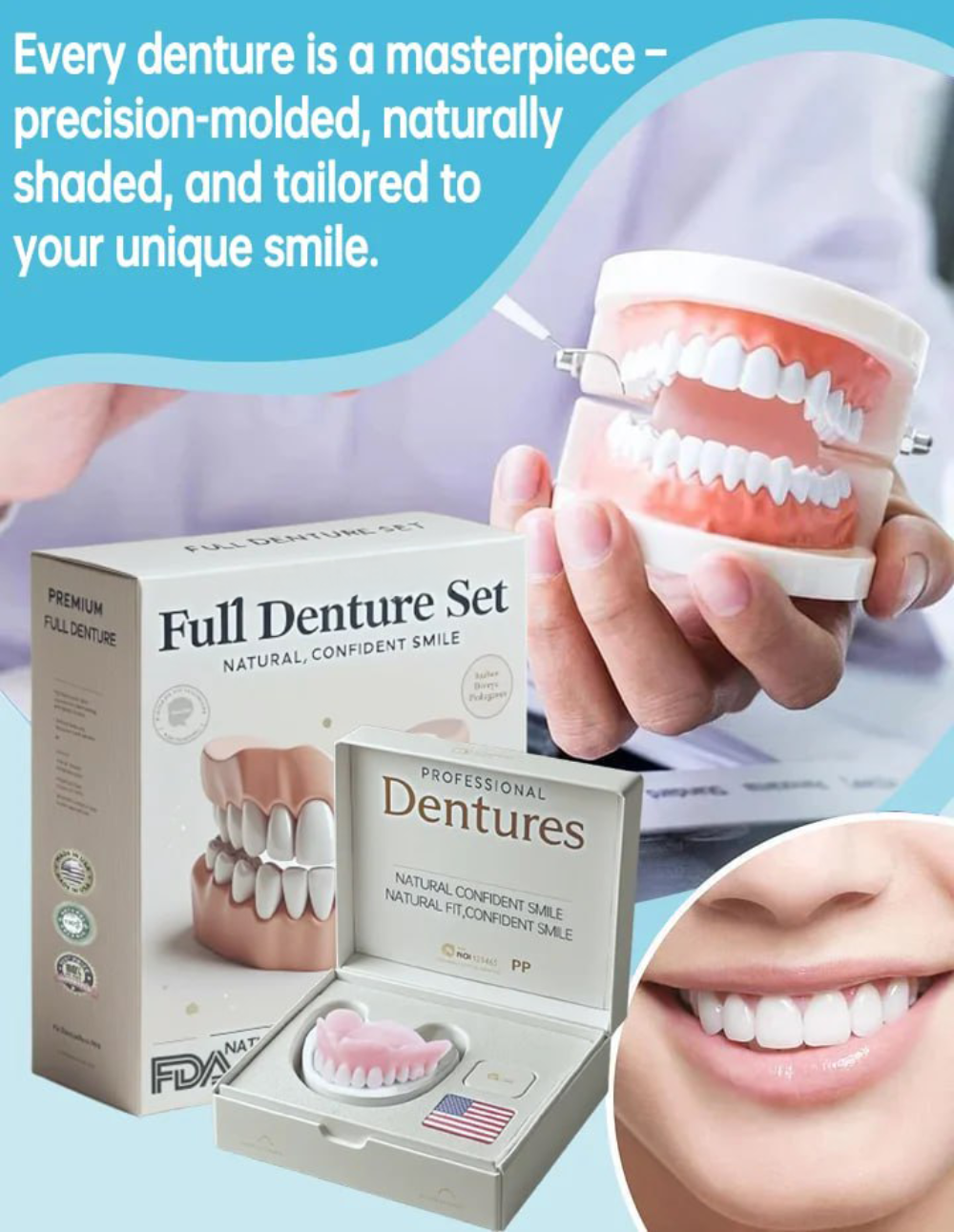 Adjustable cosmetic denture set, upper and lower, moldable, natural white, reusable tooth replacement | Sansoti