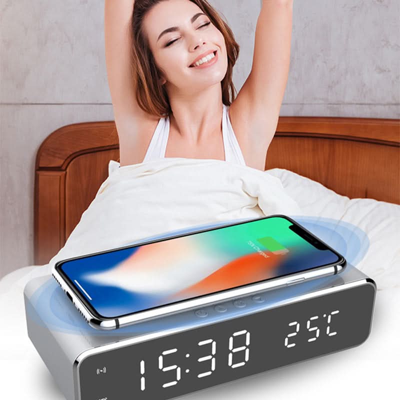 Digitaler Wecker mit kabellosem Ladegerät für Smartphones, Nachttisch, großes LED-Display, Schlafzimmer, Schwarz Grau | Sansoti