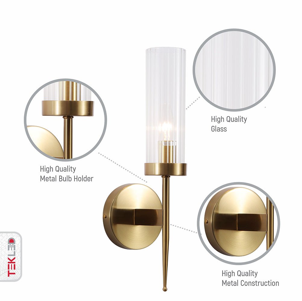 Applique Murale Verre Cannelé Vintage Art Déco E27 Or Chrome Nickel Noir Dimmable Cylindre | Restfield