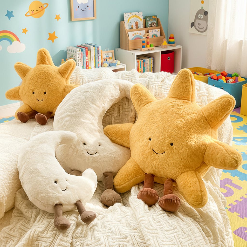 Decoratief Pluche Knuffelkussen met Zon & Maan Gezichtje 33cm of 48cm | Sansoti