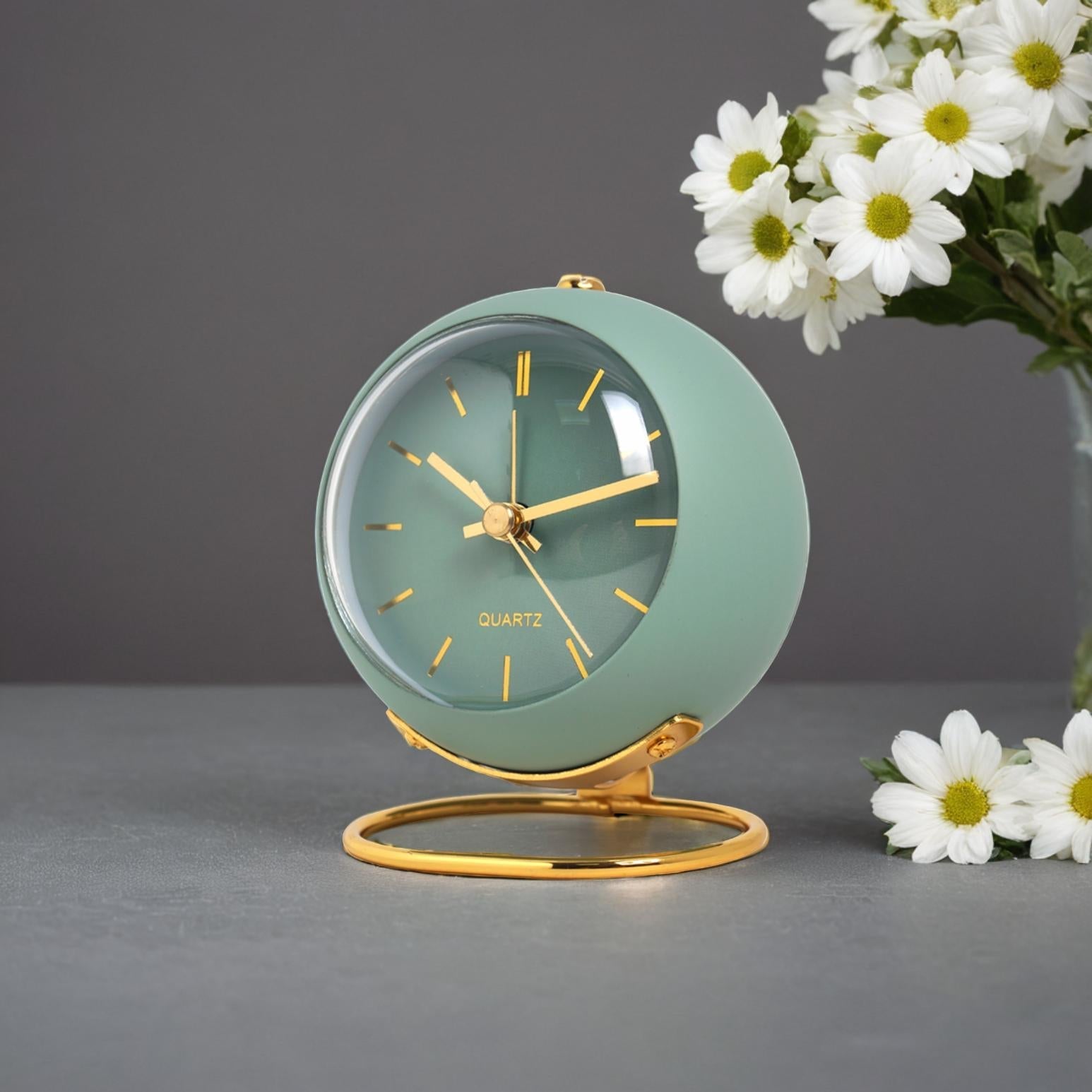 Tafelklok Quartz Metaal Groen Goud Bureau Nachtkastje Analoge Bureauklok Retro Design Woonkamer Slaapkamer | Sansoti
