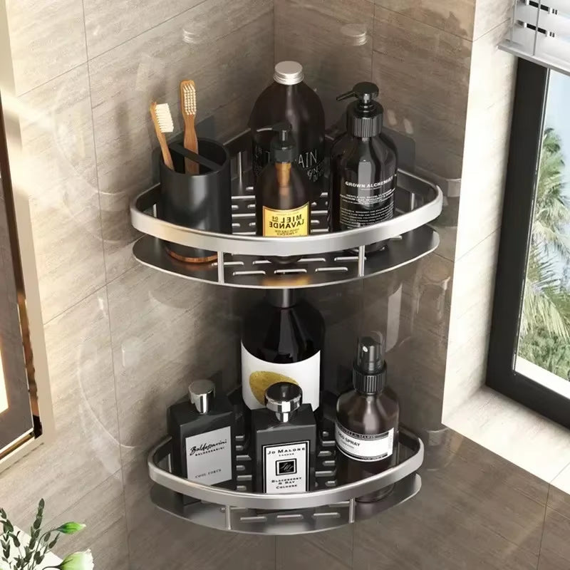Aluminium Hoekplank voor Douche en Badkamer zonder Boren met Sterke Kleefpad Zwart Zilver | Sansoti