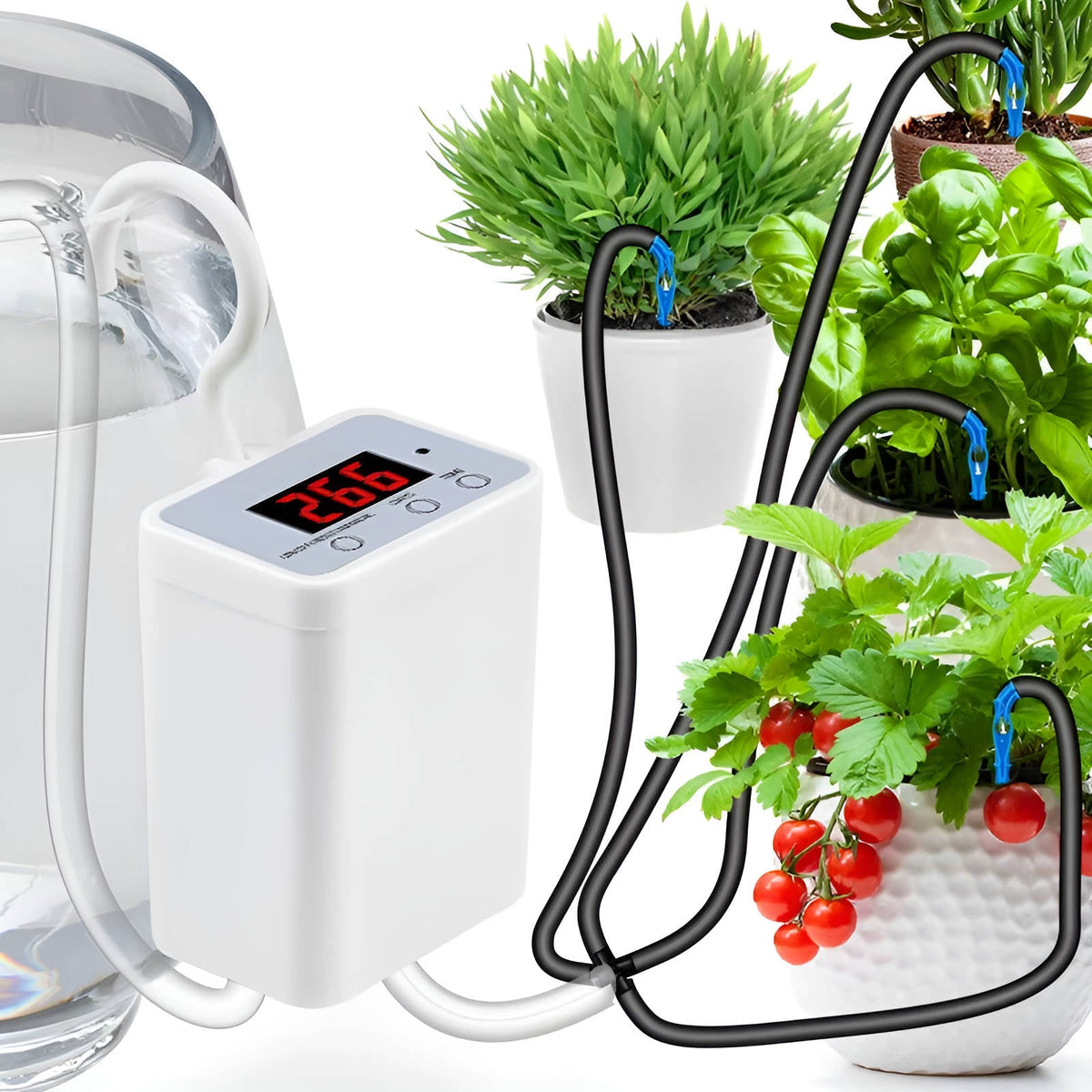 Automatische Wasserpumpen-Zeitschaltuhr für Pflanzenbewässerung, USB-aufladbares LCD-Display, für 2–8 Töpfe, Gartenbewässerung | Sansoti