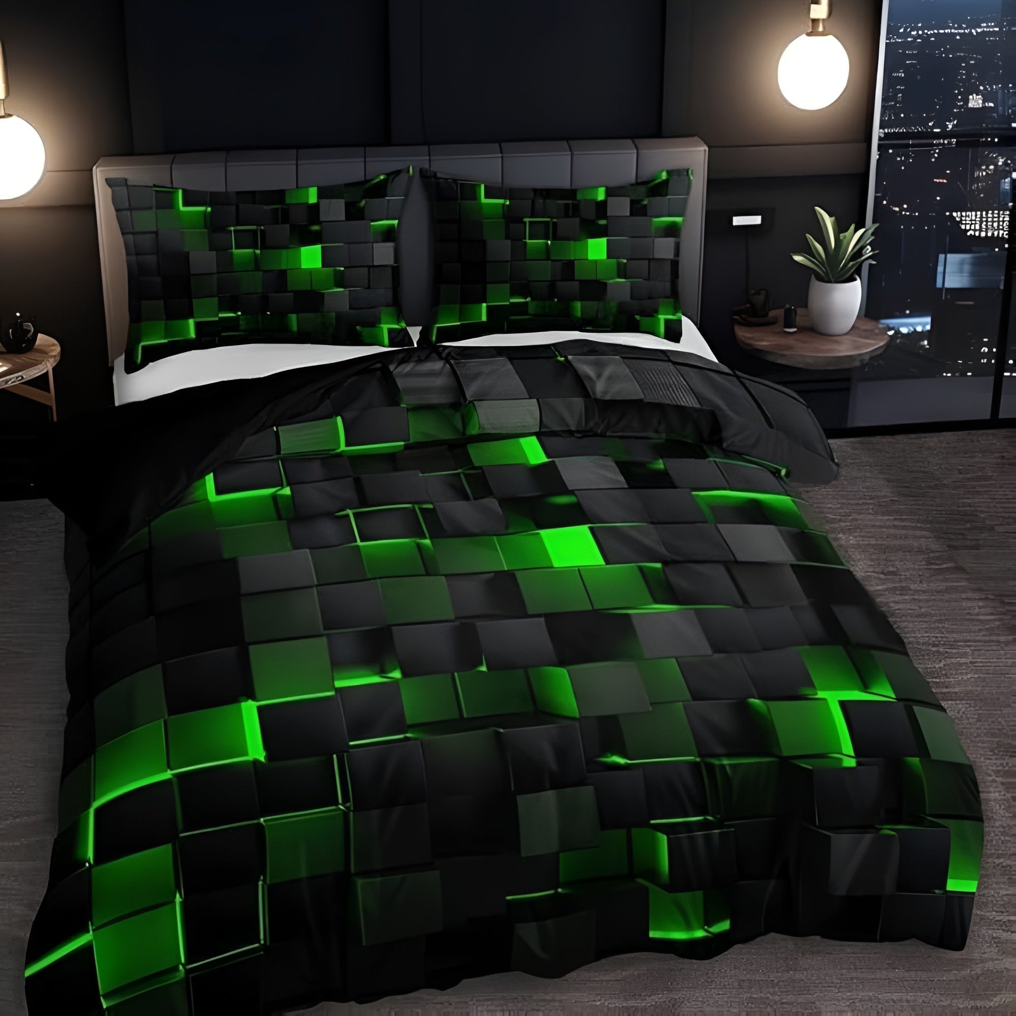 Geometrisch Dekbedovertrek Set met Neon 3D Grid Print | Ademend Microfiber Katoen voor Comfortabele Slaap | Modern Slaapkamer Textiel in Meerdere Kleuren Twin Full Queen King | Sansoti