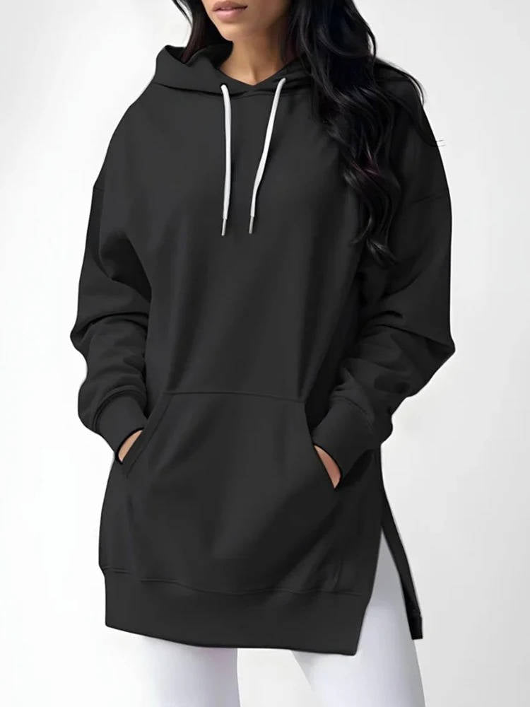 Women's Oversized Cotton-Lined Hoodie Dress with Hood, Long Sleeves and Pockets - Casual, Comfortable Loungewear | Sansoti