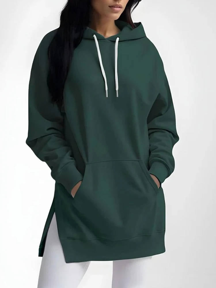 Women's Oversized Cotton-Lined Hoodie Dress with Hood, Long Sleeves and Pockets - Casual, Comfortable Loungewear | Sansoti