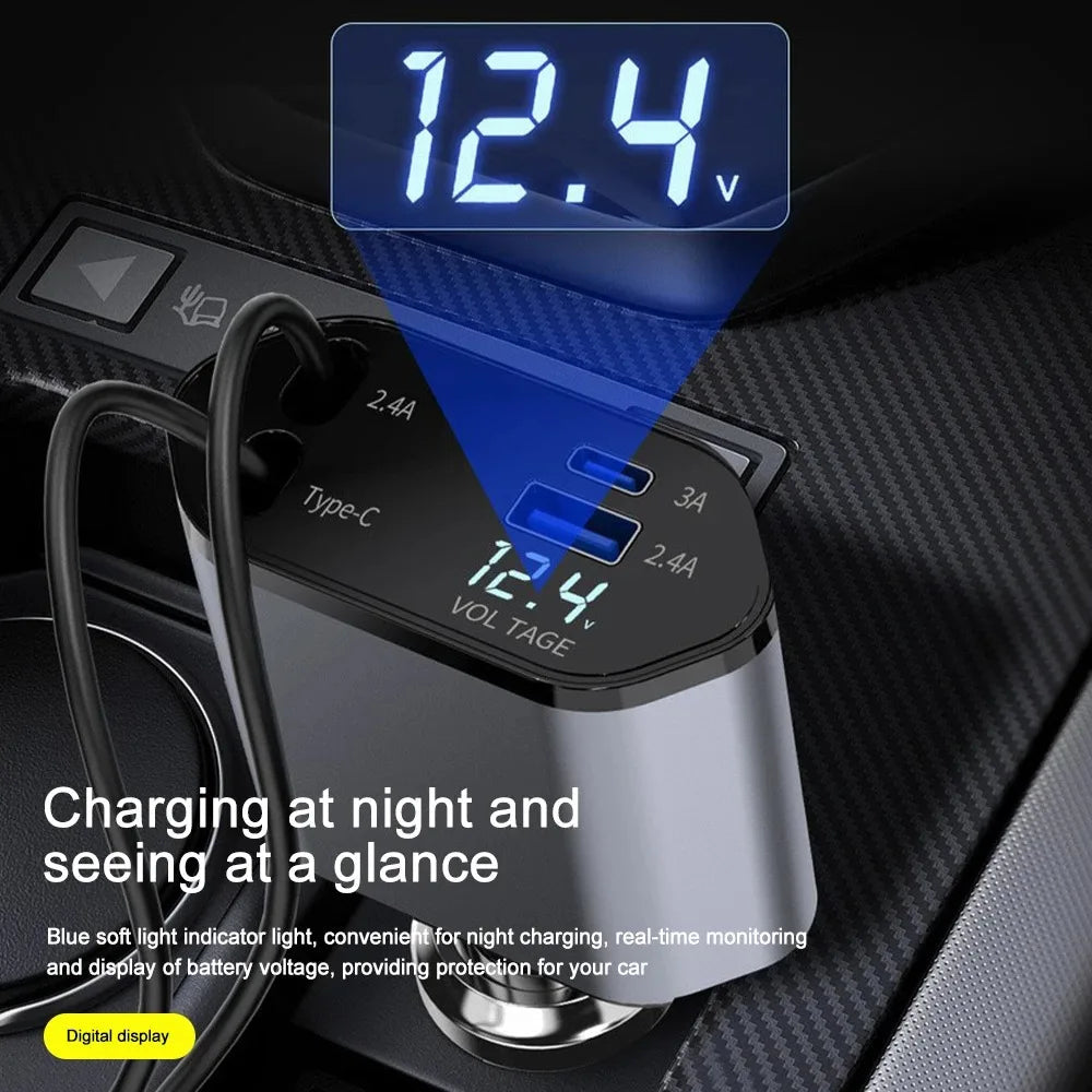 Chargeur de voiture rétractable 120 W à double port USB, charge rapide, adaptateur pour allume-cigare et chargeur de téléphone pour voiture | Sansoti