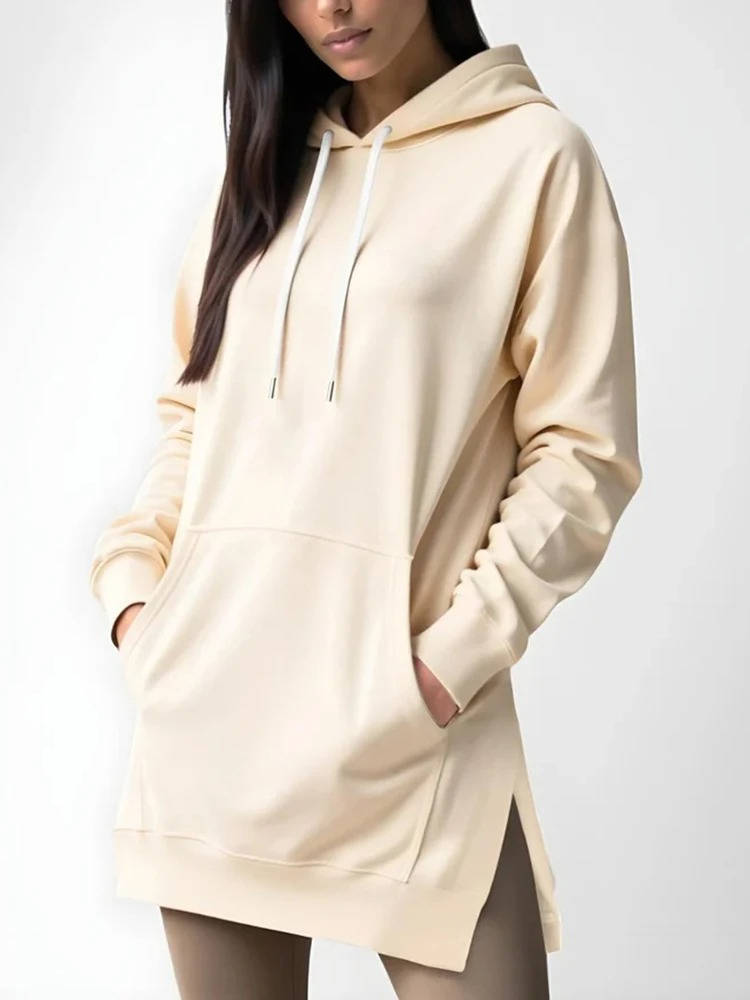 Women's Oversized Cotton-Lined Hoodie Dress with Hood, Long Sleeves and Pockets - Casual, Comfortable Loungewear | Sansoti