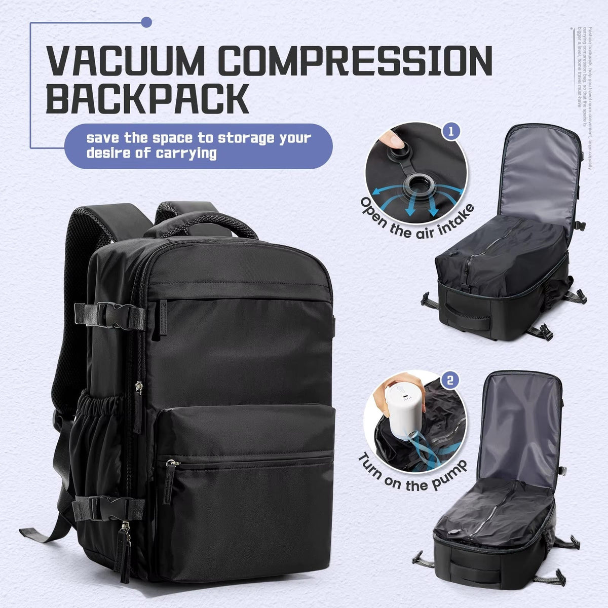 Kompressions-Reiserucksack mit Vakuumpumpe 42x28x15cm, wasserdicht, Oxford, Laptopfach 17 Zoll, Schwarz Beige Grau | Sansoti