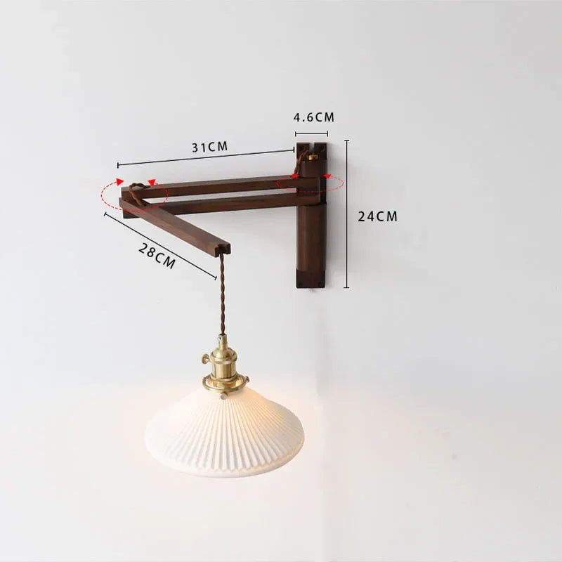 Verstelbare Houten Wandlamp met Keramieke Kap – Landelijke Stijl met Knopschakelaar | Sansoti