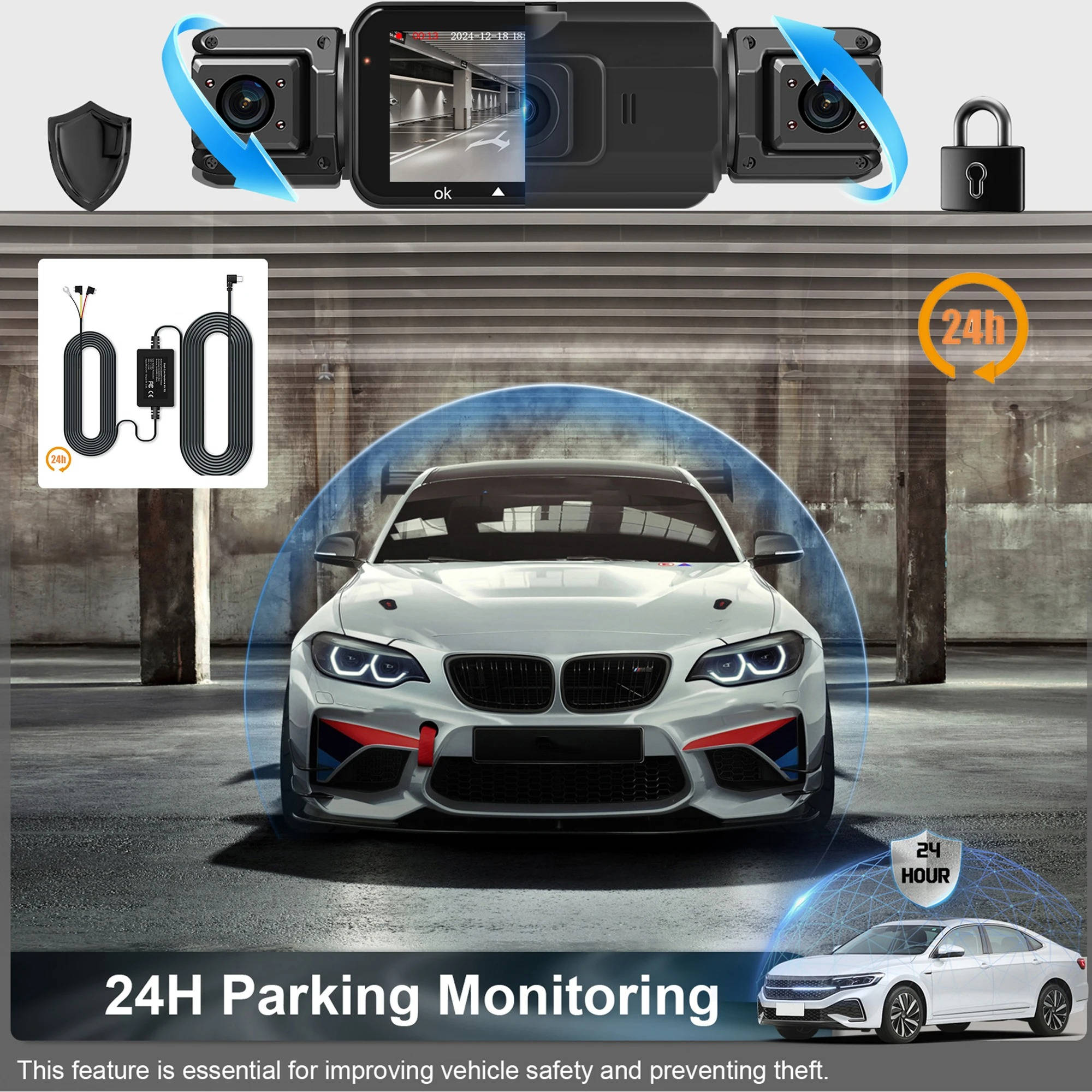 Kabellose Dashcam mit 4 Kameras, 1920P HD-Nachtsicht, Parküberwachung, WLAN-App, Fahrer vorne und hinten | Sansoti
