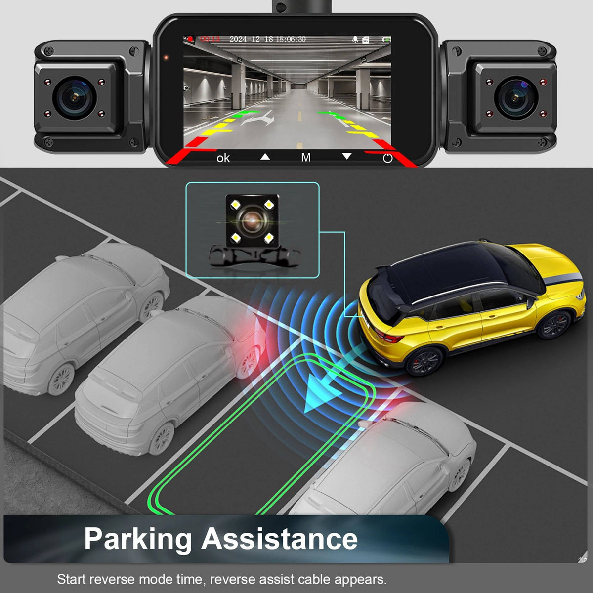 Kabellose Dashcam mit 4 Kameras, 1920P HD-Nachtsicht, Parküberwachung, WLAN-App, Fahrer vorne und hinten | Sansoti