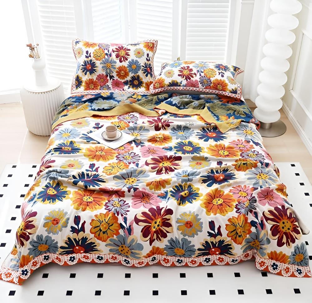 Katoenen Plaid met Kleurrijk Bloemdesign – Zacht & Omkeerbaar – Multifunctioneel voor Bank of Bed | Sansoti