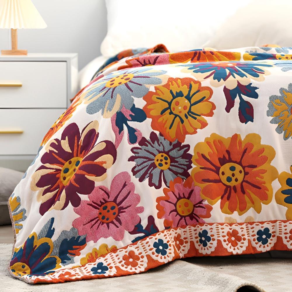 Katoenen Plaid met Kleurrijk Bloemdesign – Zacht & Omkeerbaar – Multifunctioneel voor Bank of Bed | Sansoti