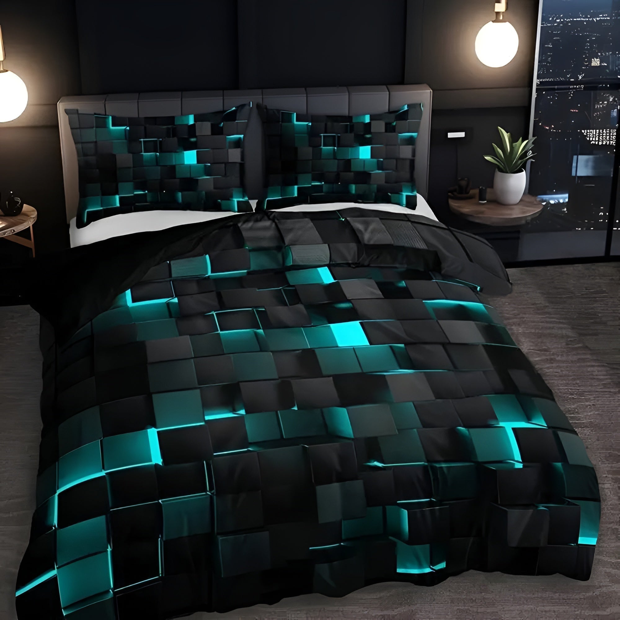 Geometrisch Dekbedovertrek Set met Neon 3D Grid Print | Ademend Microfiber Katoen voor Comfortabele Slaap | Modern Slaapkamer Textiel in Meerdere Kleuren Twin Full Queen King | Sansoti