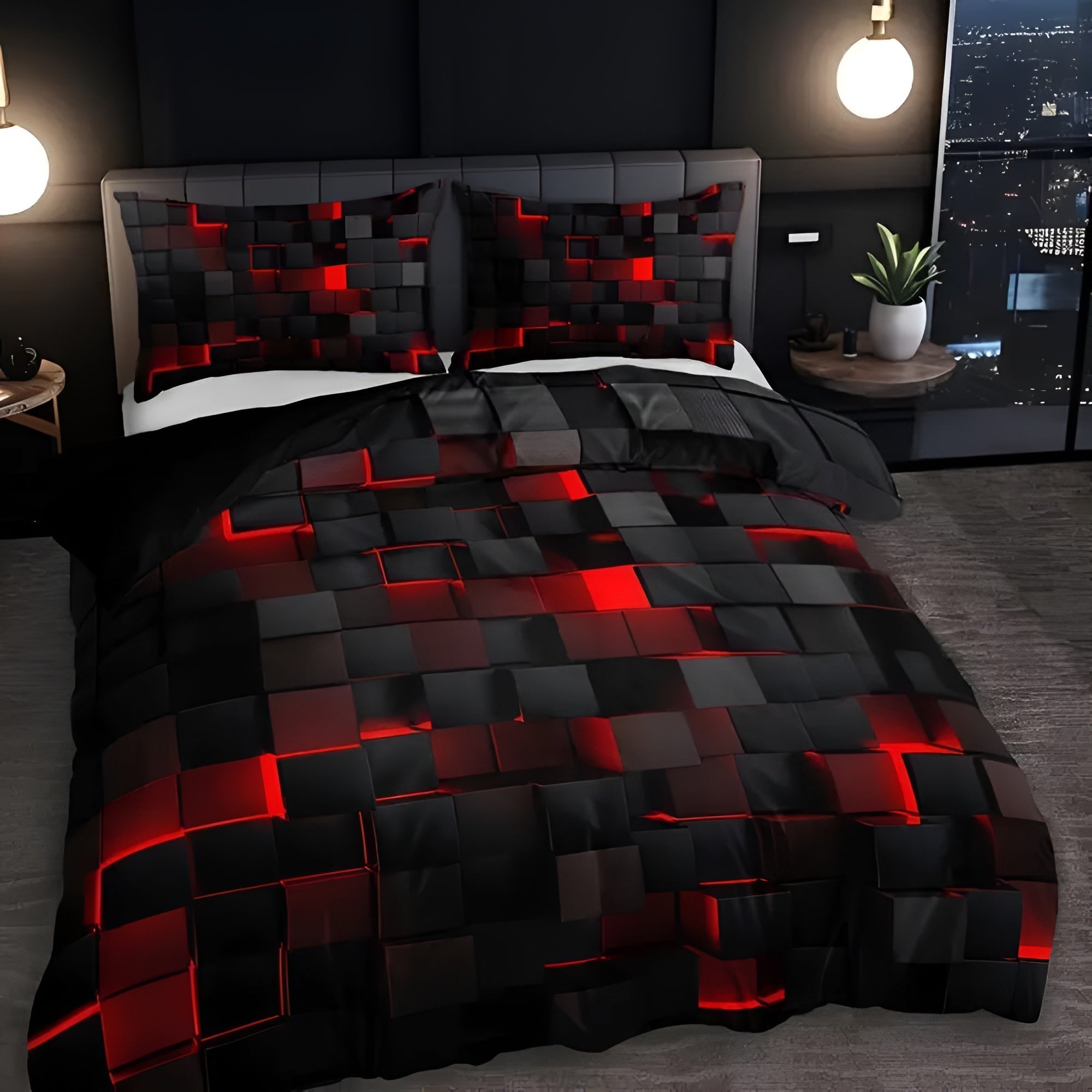 Geometrisch Dekbedovertrek Set met Neon 3D Grid Print | Ademend Microfiber Katoen voor Comfortabele Slaap | Modern Slaapkamer Textiel in Meerdere Kleuren Twin Full Queen King | Sansoti