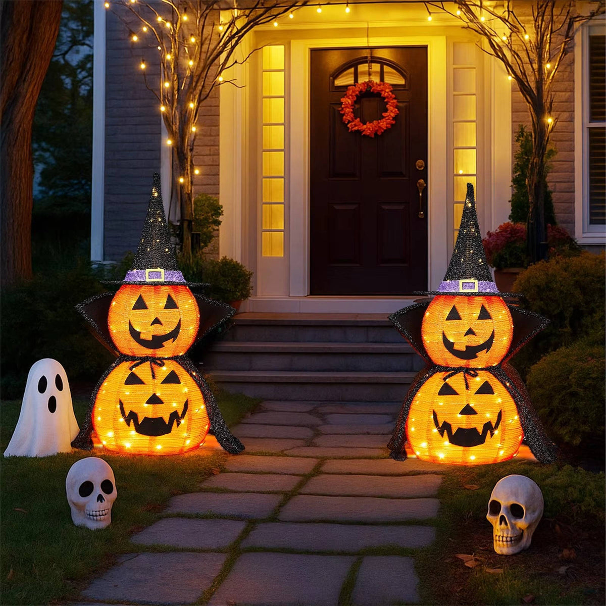 Opvouwbare Verlichte Pompoenen 90cm Halloween Tuindecoratie Set van 2 Stuks met LED Verlichting Binnen Buiten | Sansoti