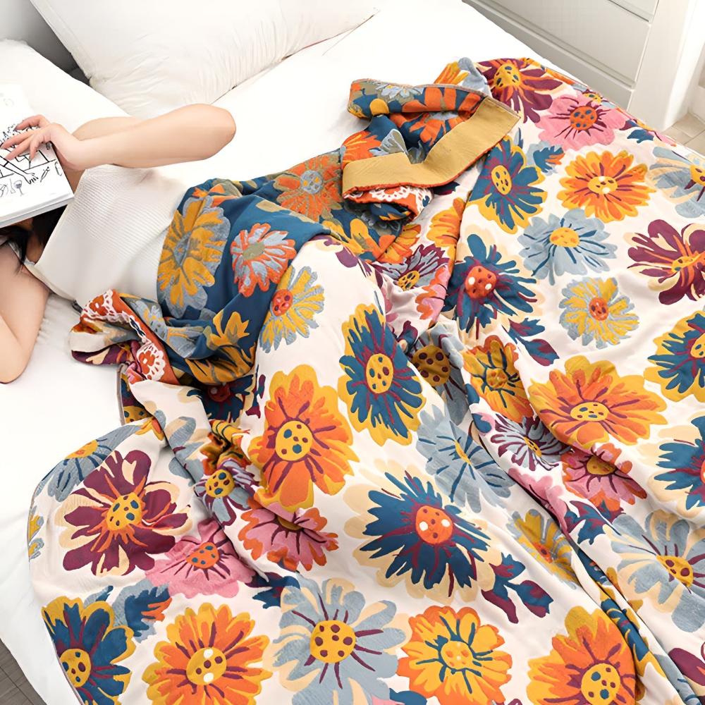 Katoenen Plaid met Kleurrijk Bloemdesign – Zacht & Omkeerbaar – Multifunctioneel voor Bank of Bed | Sansoti