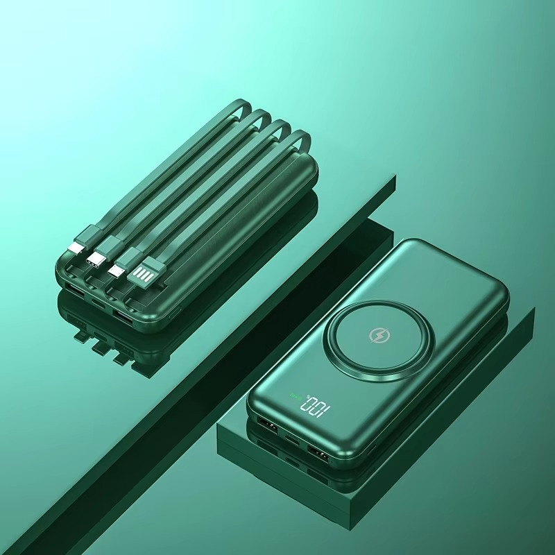 Tragbare Powerbank 20000mAh mit kabellosem Laden und integrierten Kabeln für Smartphone und Laptop unterwegs | Sansoti