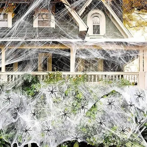 Rekbaar Spinnenweb Decoratieset 18 m² met 9 Kunststof Spinnen Halloween Griezelfeest Decoratie Binnen Buiten | Sansoti