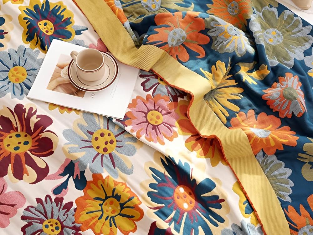 Katoenen Plaid met Kleurrijk Bloemdesign – Zacht & Omkeerbaar – Multifunctioneel voor Bank of Bed | Sansoti