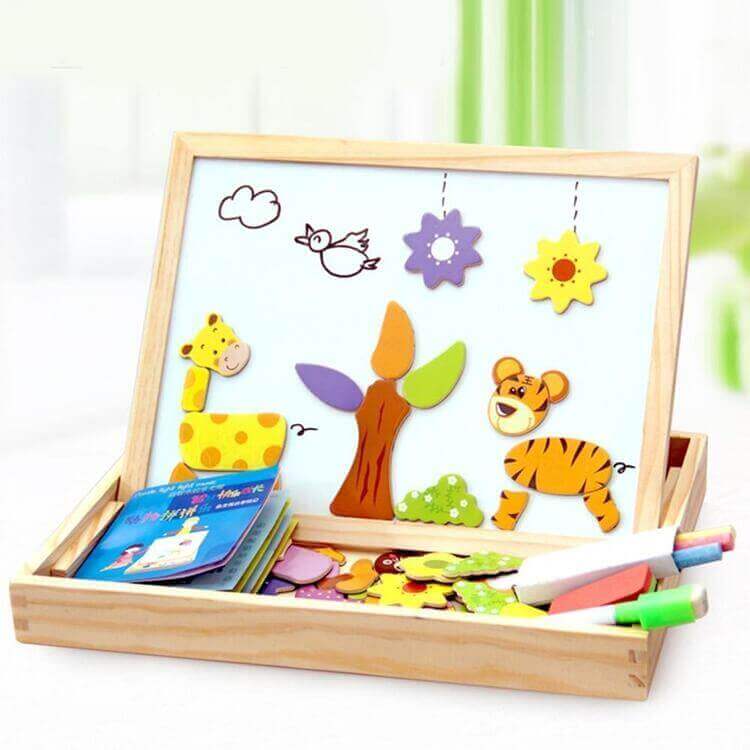 Magnetisch Teken- en Puzzelbord Hout – Dubbelzijdig Whiteboard en Schoolbord – Educatief Speelgoed met Magnetische Stukken – 30x23x3 cm | Sansoti