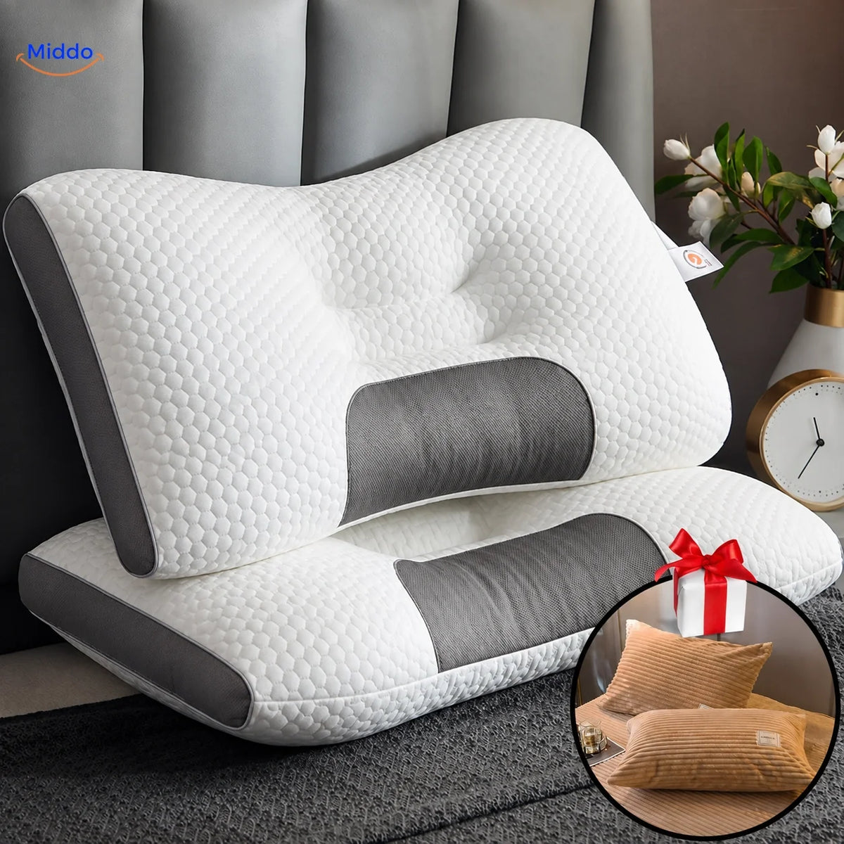 Ergonomisch Neksteunkussen Memory Foam voor Rug- en Zijslapers 48x74cm met Kussenslopen Optimale Neksteun | Sansoti
