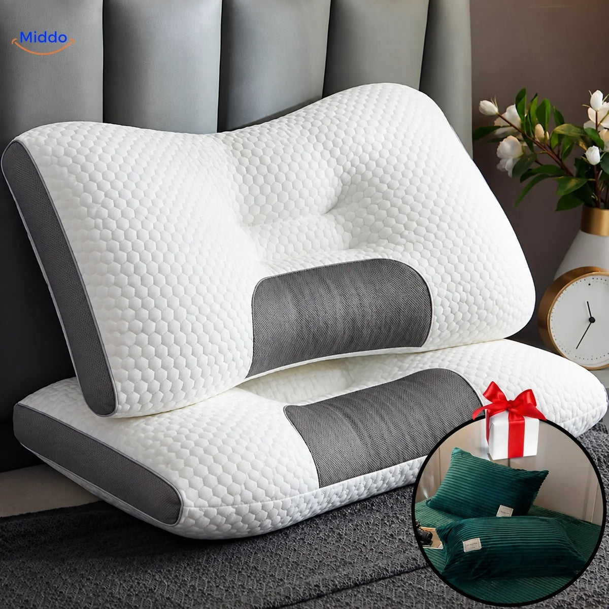 Ergonomisch Neksteunkussen Memory Foam voor Rug- en Zijslapers 48x74cm met Kussenslopen Optimale Neksteun | Sansoti