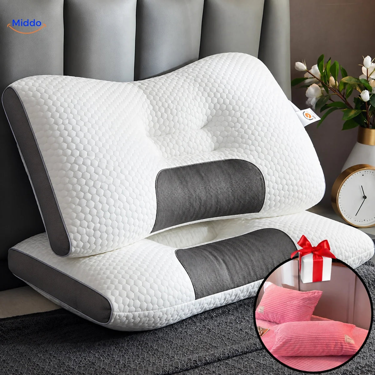 Ergonomisch Neksteunkussen Memory Foam voor Rug- en Zijslapers 48x74cm met Kussenslopen Optimale Neksteun | Sansoti