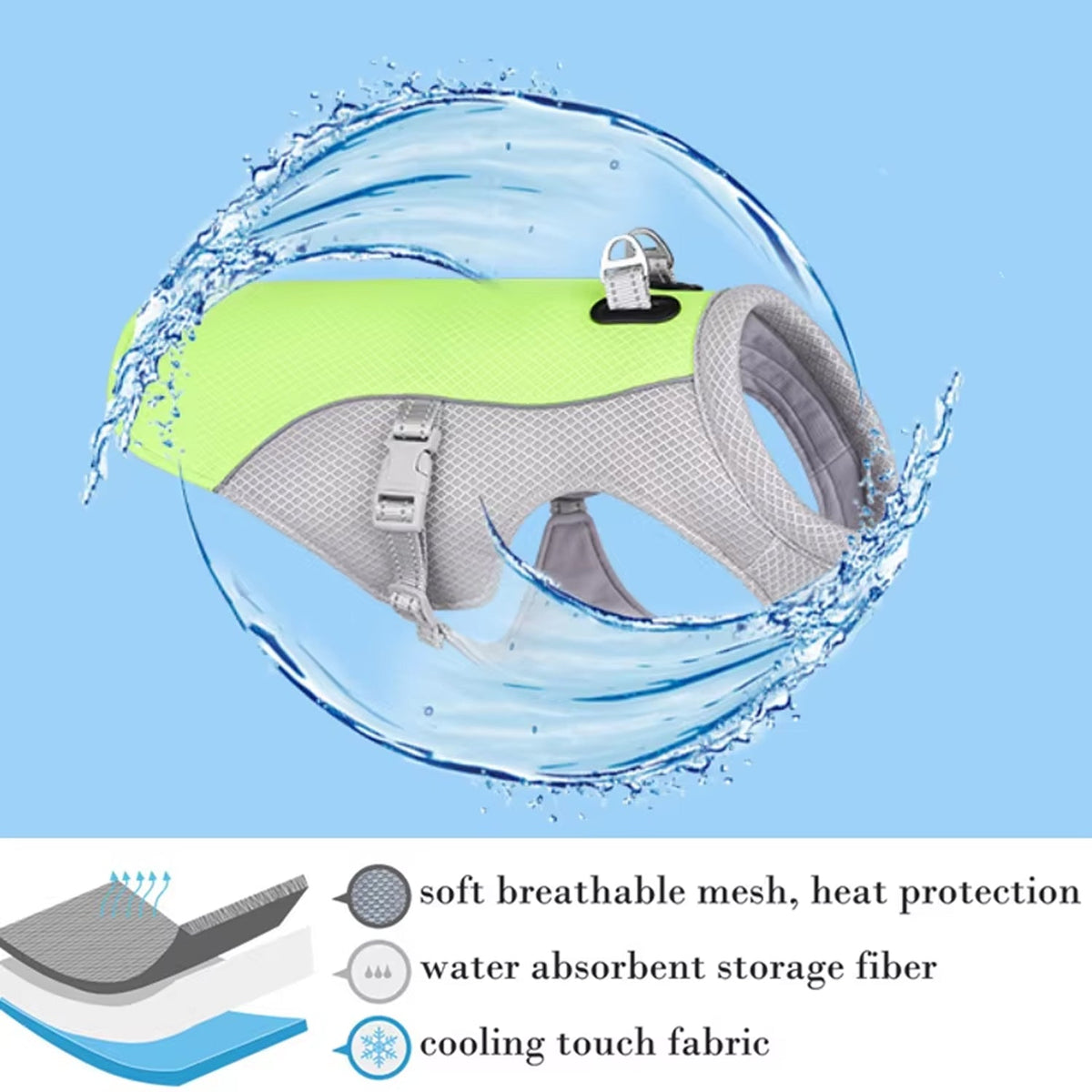 Water-Activated Cooling Vest for Dogs, Breathable Mesh, Reflective Harness, Leash Attachment, Summer Walk Cooling | Sansoti