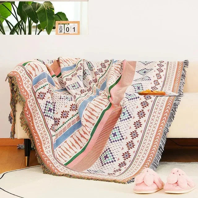 Überwurfdecke Jacquard Gewebt Fransen Bunt Baumwolle Polyester Warm Weich | Restfield