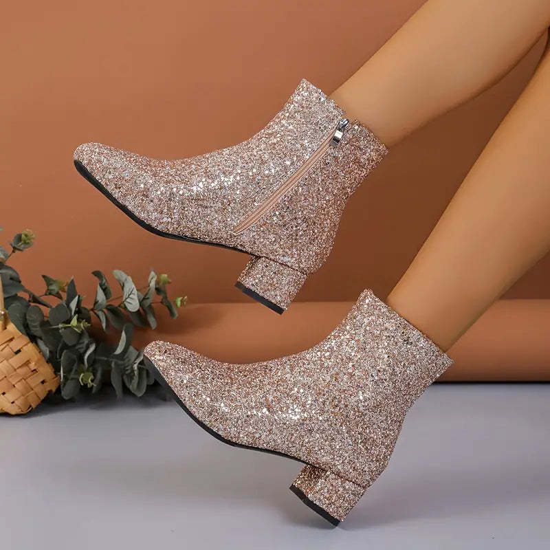 Bottines à paillettes à talon pour femmes Chaussures de fête métalliques Bottes de soirée Étincelantes Élégantes Confortables de gala | Sansoti