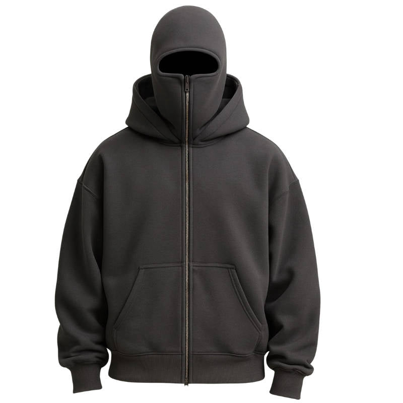 Balaclava Hoodie with Integrated Face Mask Double Hood Zip Closure Polyester Unisex Winter | Sansoti