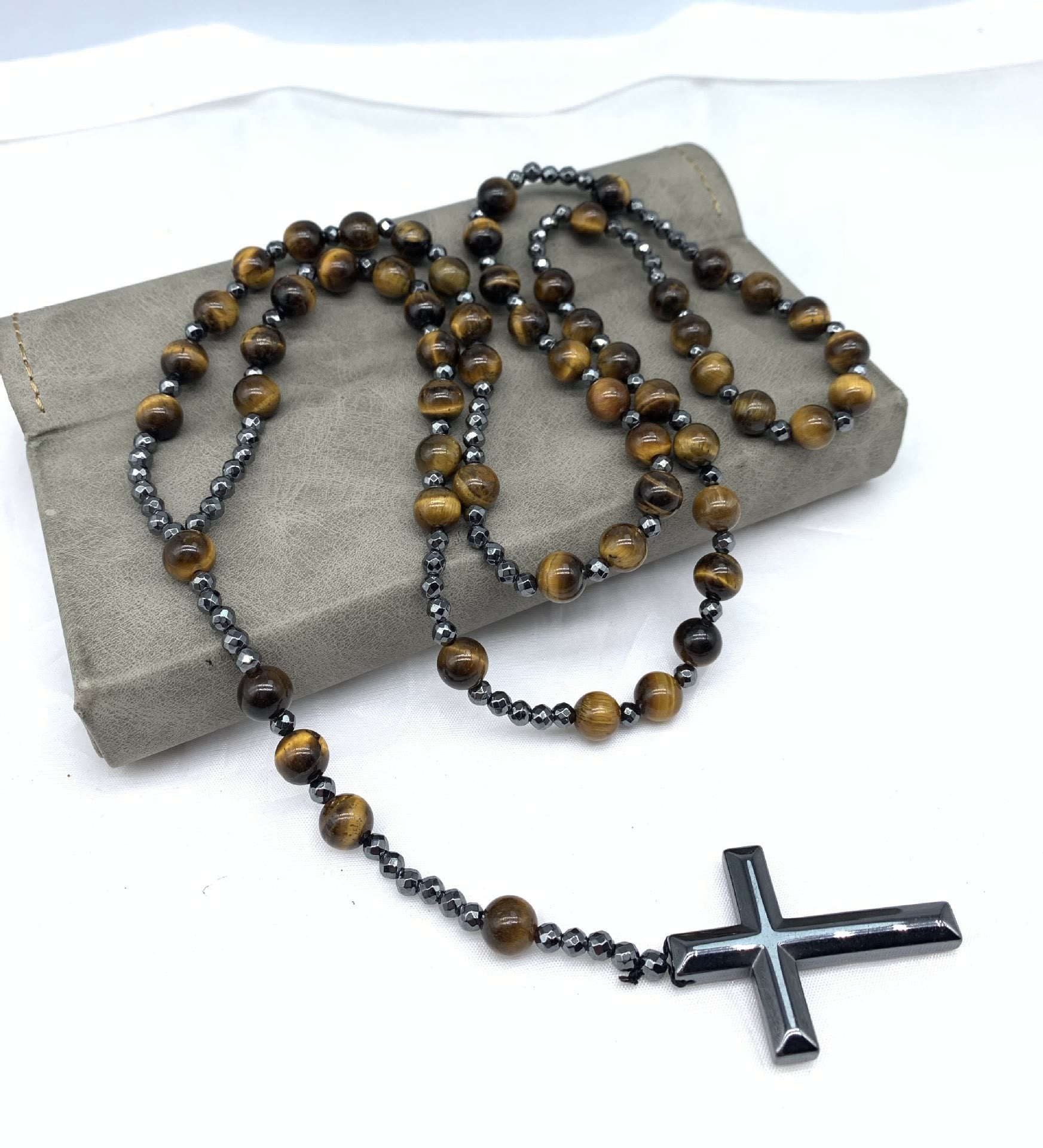 Natuursteen Rozenkrans Ketting met Kruis Hanger voor Mannen Zwart Blauw Groen Grijs | Sansoti