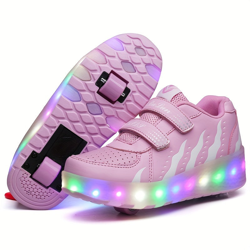 Roller sneakers kinderen LED kunstleer roze met wieltjes afneembaar schoenen skates lichtgevende kinderschoenen | Sansoti