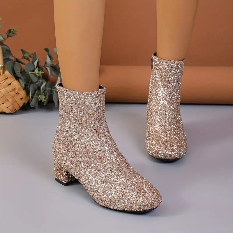 Bottines à paillettes à talon pour femmes Chaussures de fête métalliques Bottes de soirée Étincelantes Élégantes Confortables de gala | Sansoti