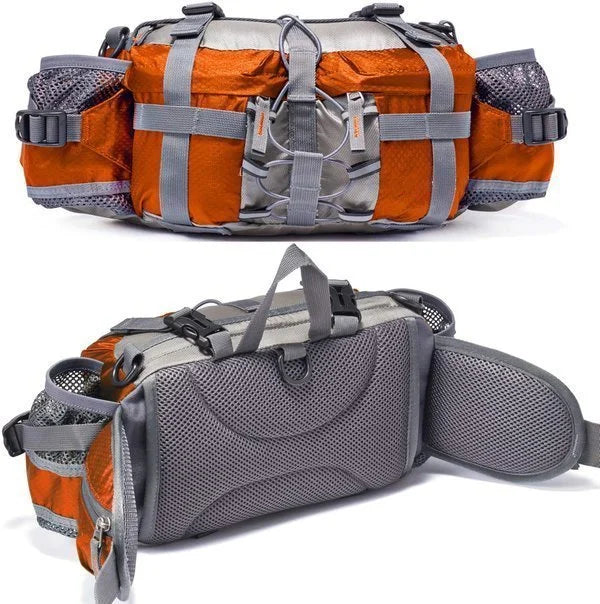 Wasserdichte Outdoor-Gürteltasche mit Flaschenhaltern in Schwarz, Orange, Blau und Grün zum Wandern, Radfahren, Laufen und für Sport | Sansoti
