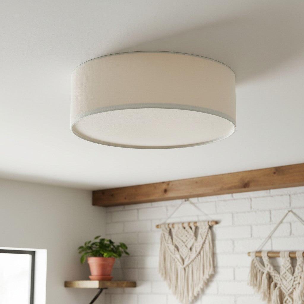 Linen ceiling lamp with drum shade, modern design, E27 socket, Scandinavian style, bedroom, living room | Sansoti