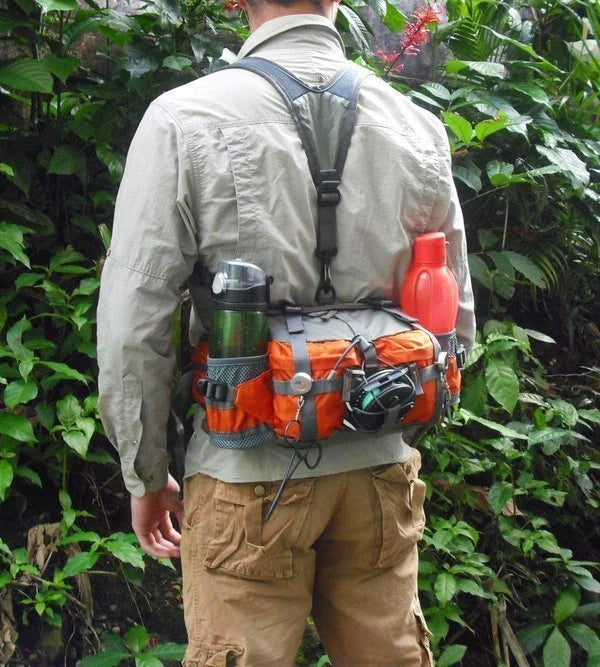 Wasserdichte Outdoor-Gürteltasche mit Flaschenhaltern in Schwarz, Orange, Blau und Grün zum Wandern, Radfahren, Laufen und für Sport | Sansoti
