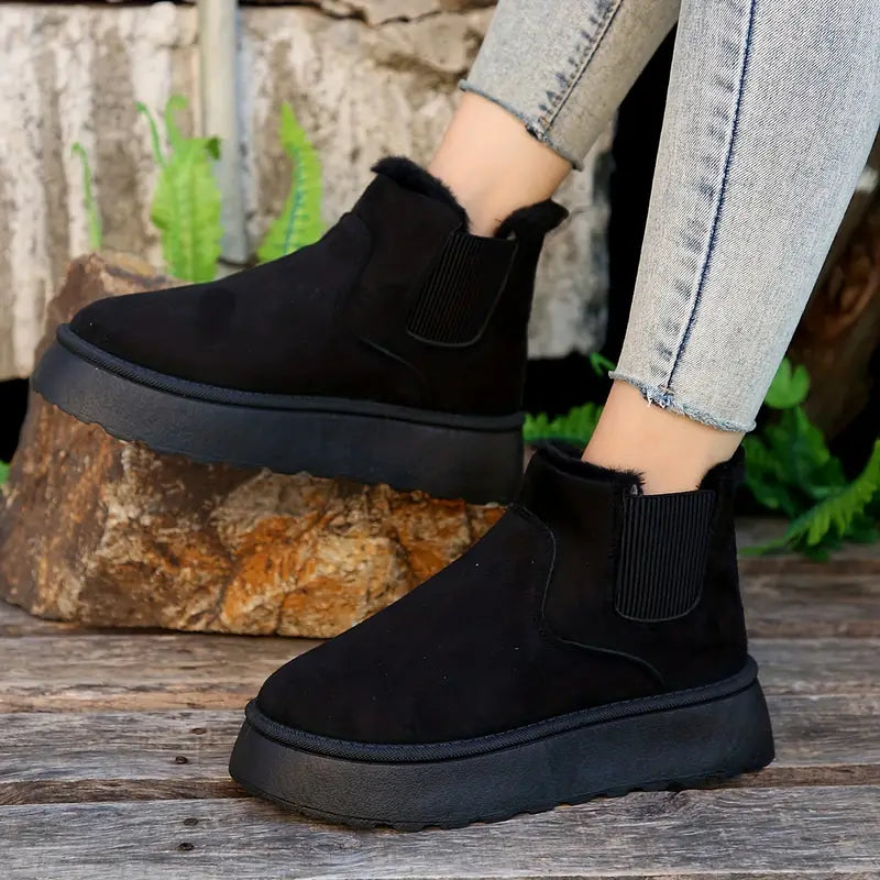 Fleece Slip-On Laarzen met Bontvoering Dames Platte Hak Ronde Neus Zachte Warme Winterlaarzen Beige Bruin Grijs Zwart | Sansoti