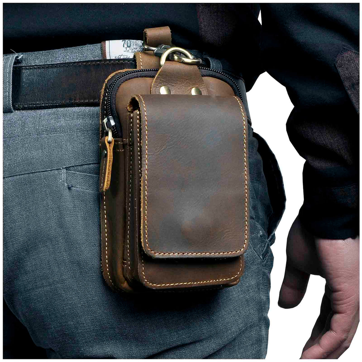 Sac banane en cuir pour homme, cuir de vache, ceinture réglable, fermeture magnétique, téléphone, portefeuille et clés, pratique | Sansoti