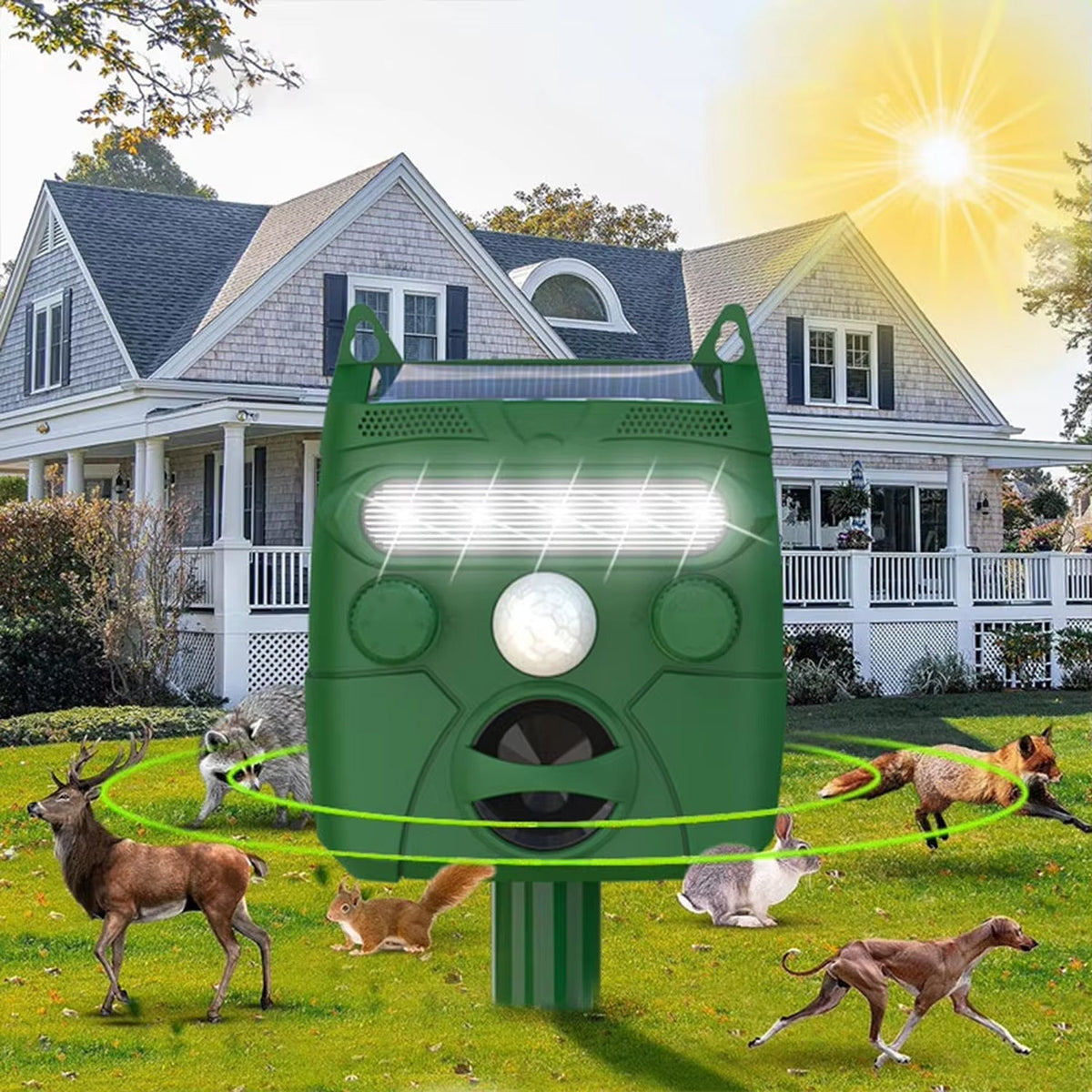 Répulsif solaire pour animaux à ultrasons pour jardin, terrasse et allée, portée de 110m², étanche IP65 | Sansoti