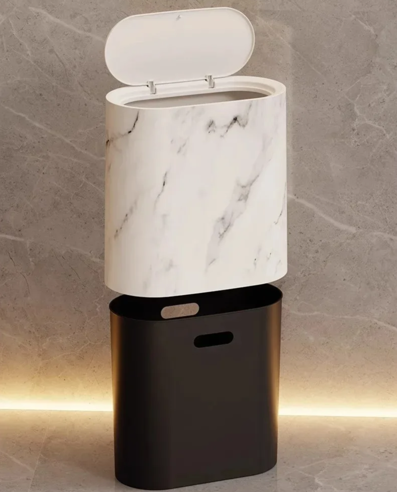 Afvalbak Marmerdesign Ellips Push Deksel Badkamer WC Kantoor Nordic Scandinavisch Compact Hygiënisch | Sansoti